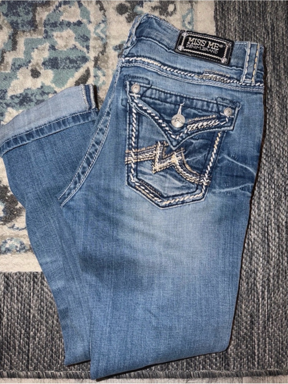 Miss Me Light Blue Distressed Embroidered Pocket Boyfriend Jeans